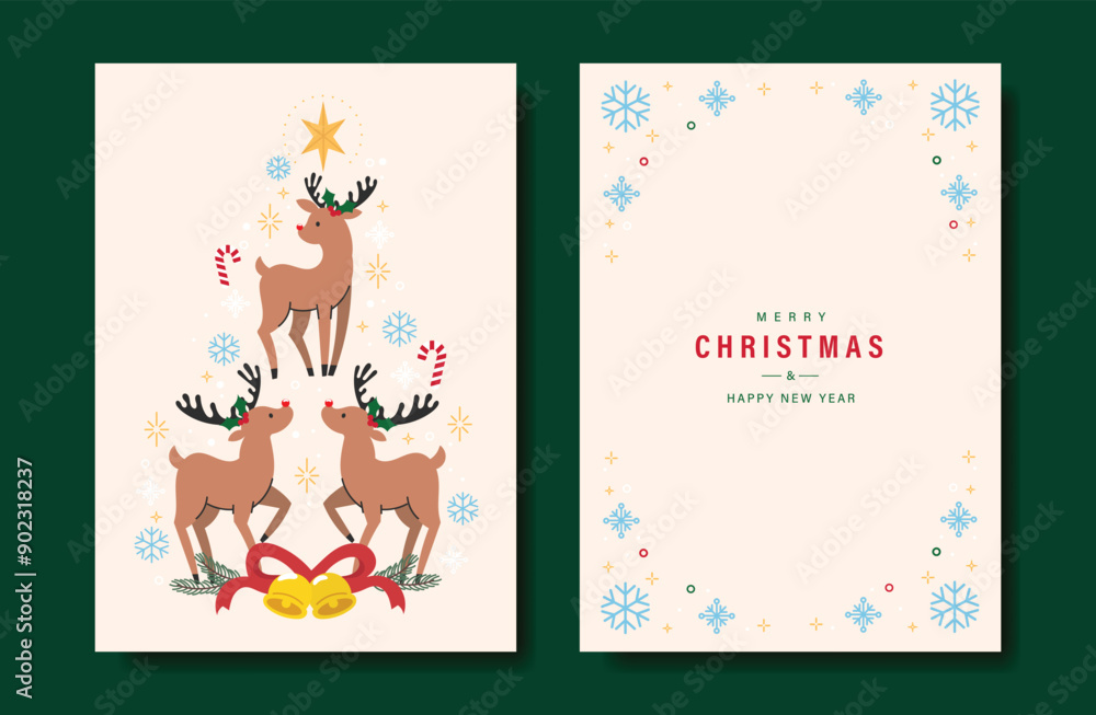 Elegant christmas tree invitation card vector set. Christmas tree, reindeer, snowflake, candy cane, bell, pine leaves on beige background. Design illustration for cover, print, poster, wallpaper. Elegant christmas tree invitation card vector set. Christmas tree, reindeer, snowflake, candy cane, bell, pine leaves on beige background. Design illustration for cover, print, poster, wallpaper.