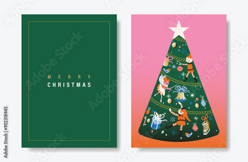 Elegant christmas tree invitation card vector set. Christmas tree, christmas bauble, nutcracker, ballet on green and pink background. Design illustration for cover, print, poster, wallpaper.