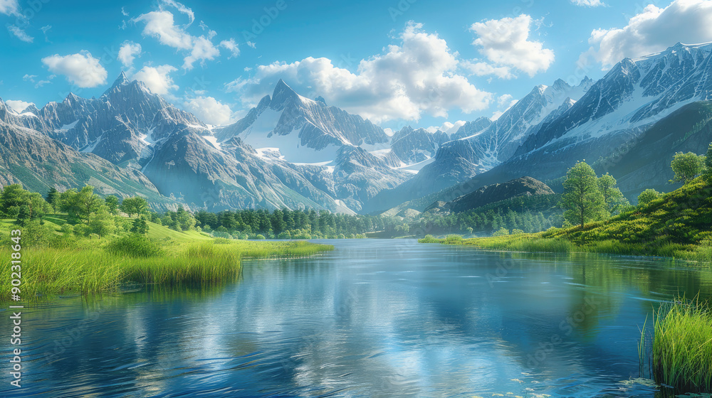 Serene mountain landscape with a clear river, lush greenery, and bright blue sky, perfect for nature lovers and outdoor enthusiasts. Serene mountain landscape with a clear river, lush greenery, and bright blue sky, perfect for nature lovers and outdoor enthusiasts.