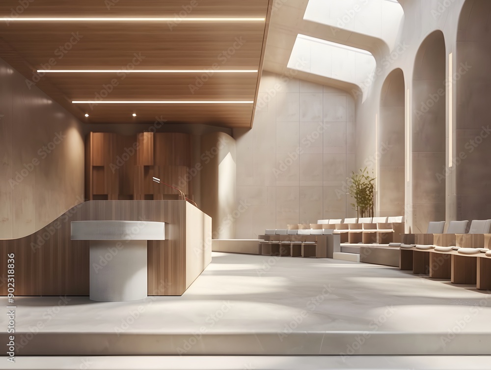 Illustration of A podium with clean lines and a modern aesthetic, set in a mock-up of a sophisticated lecture hall, with state-of-the-art technology and minimalist decor Ai Generate. Illustration of A podium with clean lines and a modern aesthetic, set in a mock-up of a sophisticated lecture hall, with state-of-the-art technology and minimalist decor Ai Generate.
