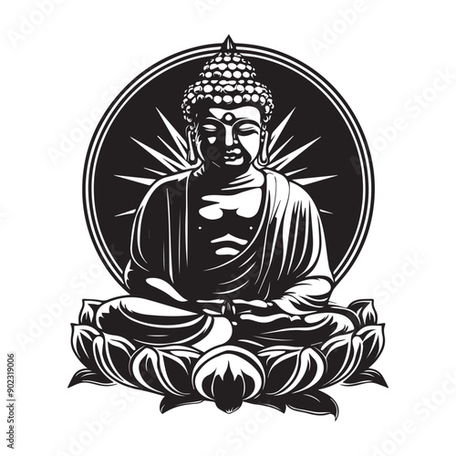ancient religion buddha in a meditation posture on a lotus flower with sun the the background buddhism tattoo illustration design for t-shirt printing black and white icon in high quality