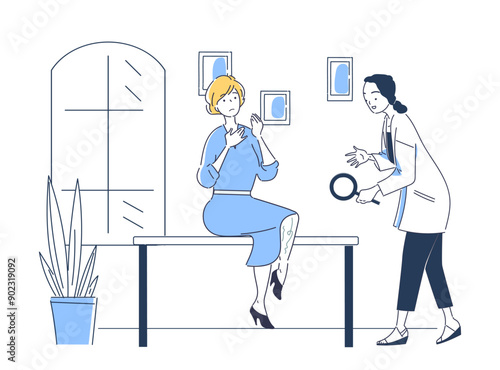 Phlebologist with patient. Woman with magnifying glass looks at patients legs. Varicose veins and health problems. Diagnosis and treatment. Linear vector illustration isolated on white background