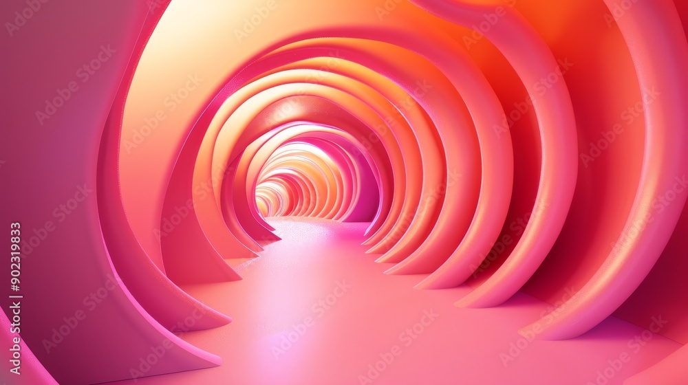 Fototapeta premium Abstract pink and orange tunnel with glowing light at the end. A futuristic and surreal scene.