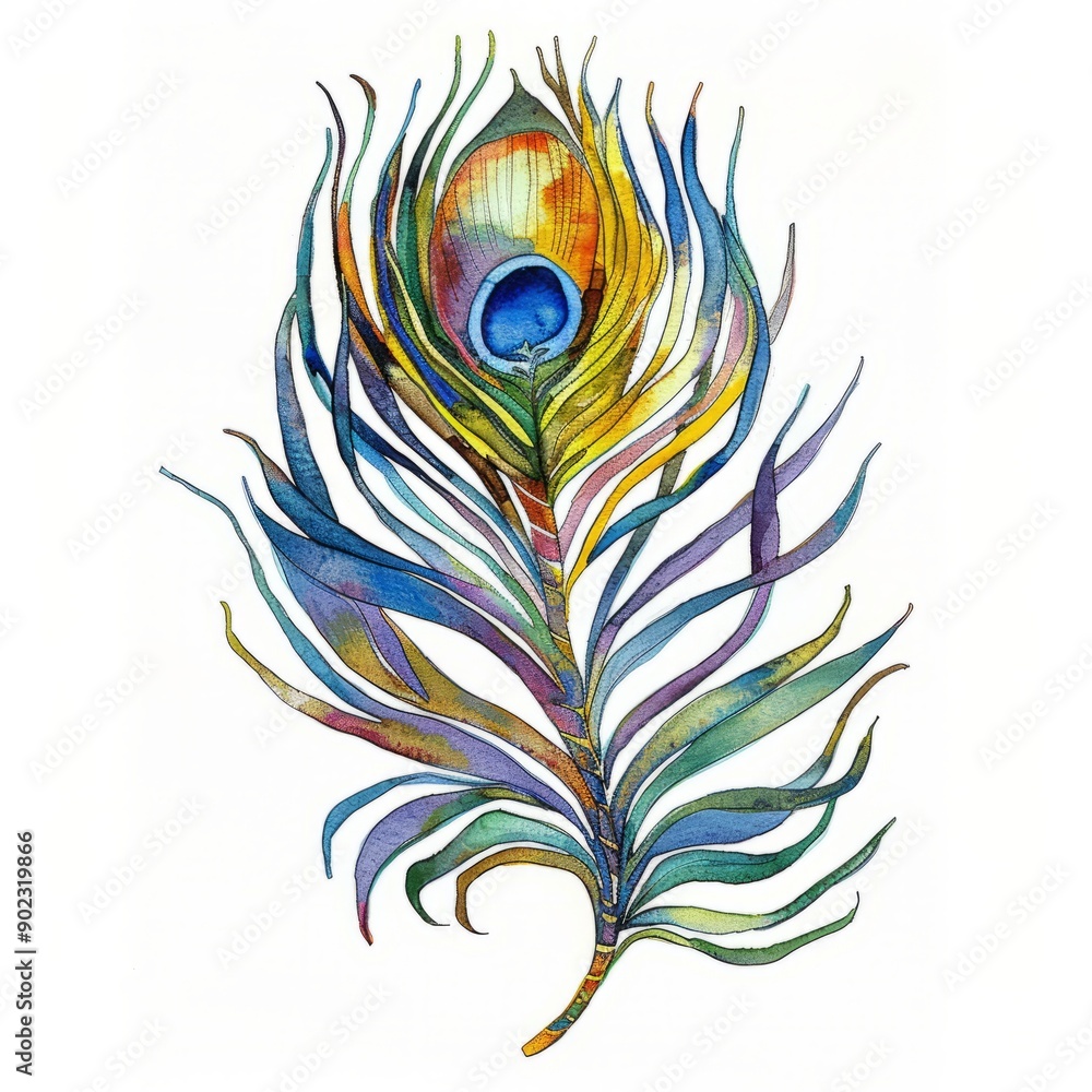 Obraz premium Watercolor painting of an Art Nouveau-inspired peacock feather, with iridescent colors, on isolated white background, Generative AI