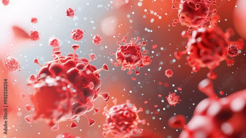 Microscopic view of red viruses floating in a liquid. Microscopic view of red viruses floating in a liquid.