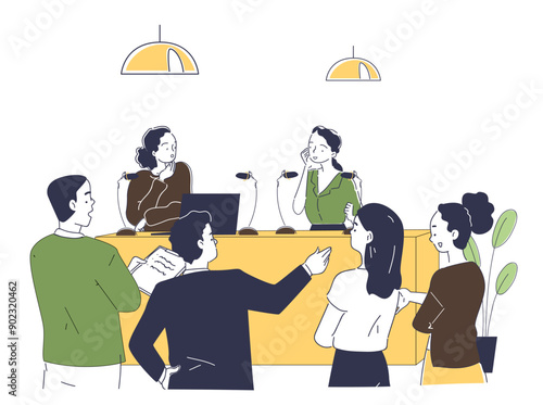 Business press conference. Men and women in suits discuss business project or idea. Brainstorm, discussion and conversation. Collaboration and cooperation. Linear vector illustration