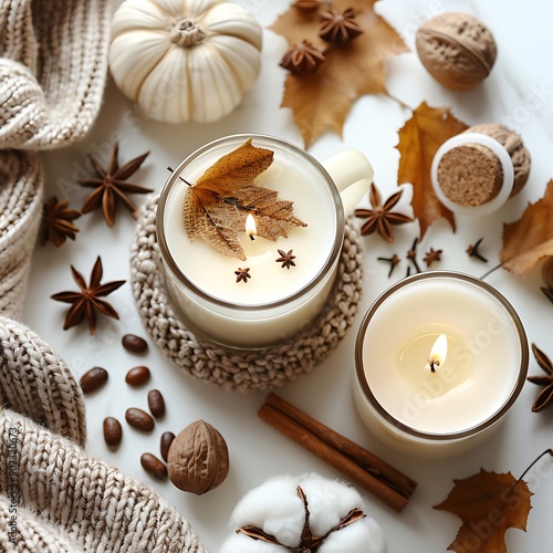 Hygge lifestyle. Candle, berries, fall leaves, herbs, acorns, nuts and brown hat on white fabric. Autumn mood. Hello autumn, cozy inspirational image. 