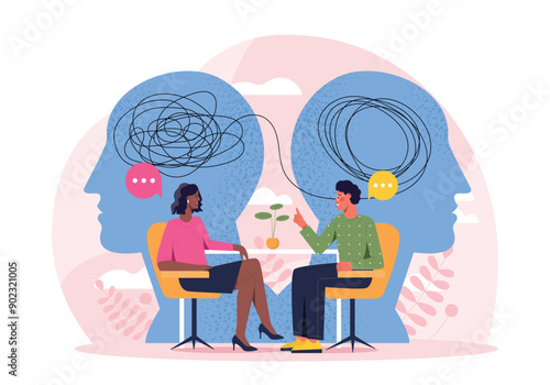 Man with psychological help. Man and woman discussing psychological problems. Psychologist with client. Consultation and support. Person with mental issues. Flat vector illustration