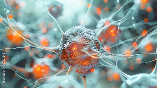 A close-up of a neuron, highlighting its intricate network of dendrites and axons.  The cell body is in focus, with a glowing orange nucleus. photo