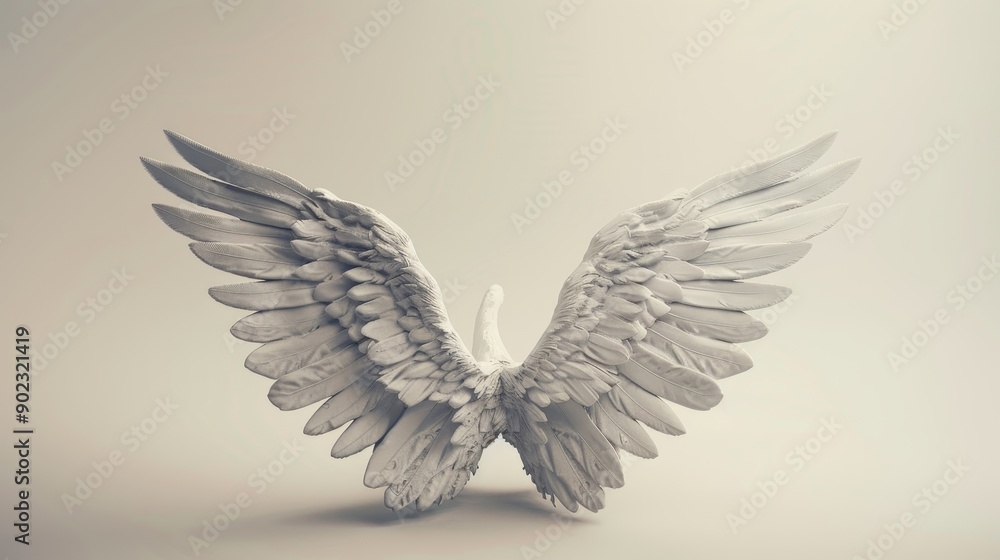 Fototapeta premium A pair of large, white, feathery angel wings spread wide against a simple background.