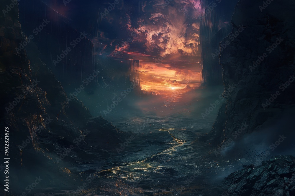 Fototapeta premium Molten River Landscape with Towering Cliffs and Fiery Sky