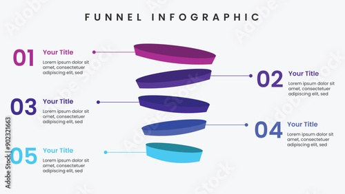 Modern funnel infographic template with 5 options. Creative presentation for business.