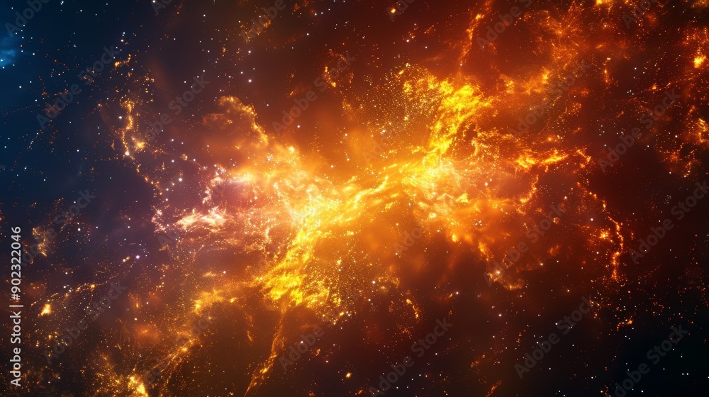Fototapeta premium Abstract cosmic background with fiery orange and red nebulae glowing against a dark blue space.