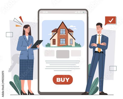 Real estate appraisal. Man and woman with mobile application for searching for house. Realtors evaluate deals with private property. Investing and trading. Flat vector illustration