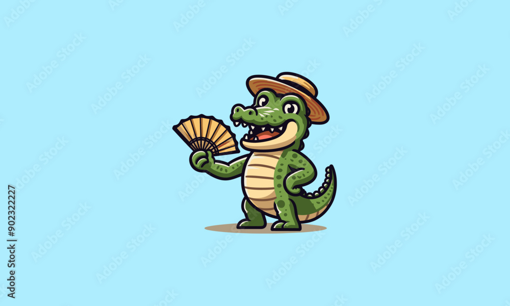 The crocodile character smiles broadly while holding a fan in his hand vector mascot design The crocodile character smiles broadly while holding a fan in his hand vector mascot design