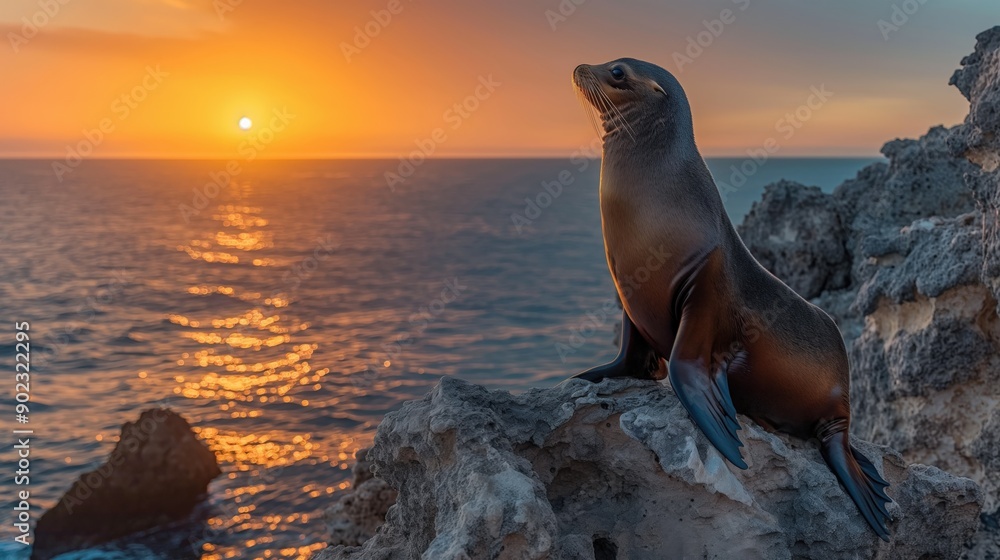 Fototapeta premium sea lion perched on a rocky outcrop looking out over the ocean