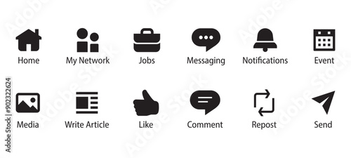 LinkedIn icon set. social media icons home, my network, jobs, message, event, like, comment, send, etc...Linkedin Ui app interface icon. Linkedin all design elements vector.
