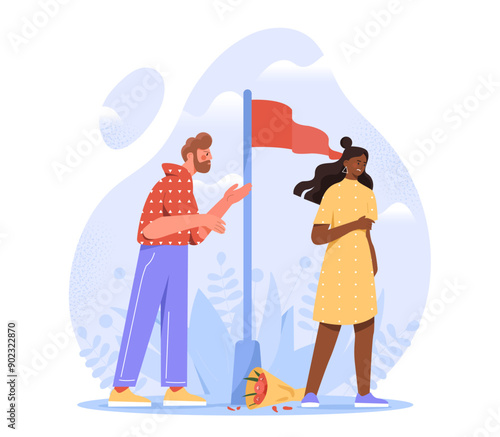 Red flag in relationships. Man and woman shouting at each other. Dissatisfied young couple. Pair in toxic relationship. Problems in communication. Flat vector illustration isolated on white background