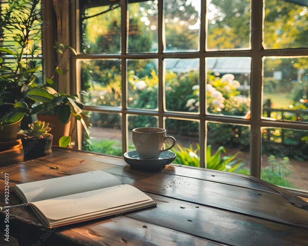 Illustration of A serene, minimalist workspace with a wooden table, a single notebook, and a cup of coffee, overlooking a beautiful, expansive garden through a large window. Ai Generate.
Illustration of A serene, minimalist workspace with a wooden table, a single notebook, and a cup of coffee, overlooking a beautiful, expansive garden through a large window. Ai Generate.
