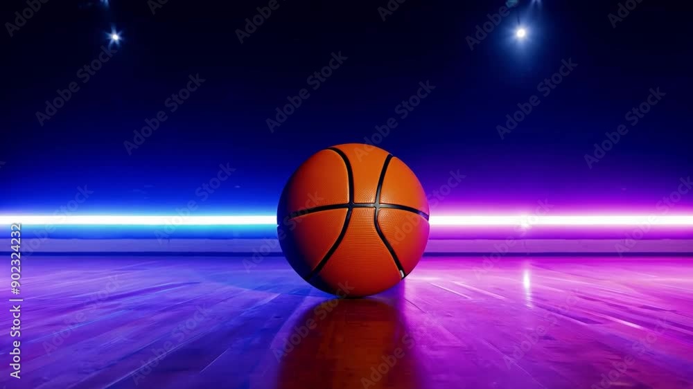 Focus shot of a lone basketball on a neon-lit court. Focus shot of a lone basketball on a neon-lit court.