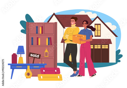 Family sale of furniture. Man and woman with box of things near real estate. Garage market and store. Neighbors sell cheap table and lamps. Flat vector illustration isolated on white background