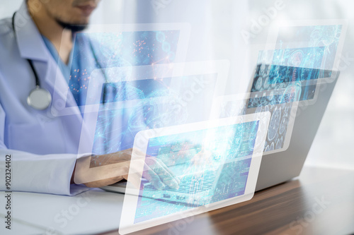Obraz na płótnie Doctors use AI technology to update medical knowledge. Doctors must constantly study and update their medical knowledge to provide the best possible care for their patients. w salonie
