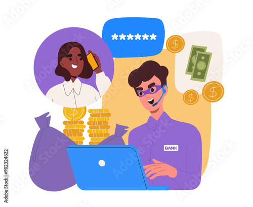 Scammer begs for money. Man wearing headset steals womans personal data. Hacker with laptop stealing information. Cybercrime and phishing. Flat vector illustration isolated on white background