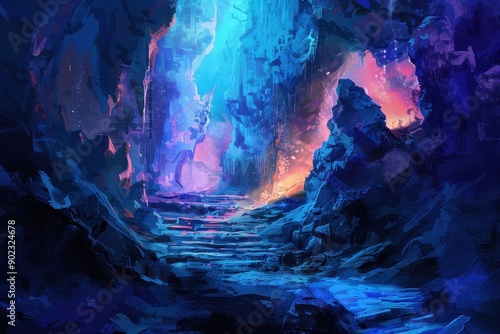 Mystical blue cave with glowing mushrooms and a crystal lake