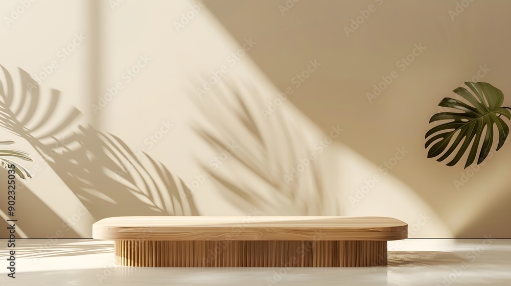 wood podium with tropical leaf on beige background