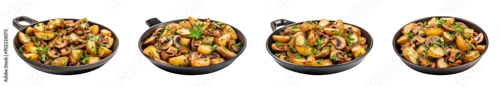 Roasted potatoes and mushrooms in a skillet with fresh parsley Roasted potatoes and mushrooms in a skillet with fresh parsley