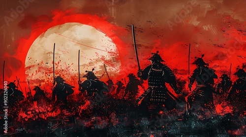 Silhouettes of samurai warriors clashing in a fierce battle against a blood red sunset. Their swords gleam and their armor shines, as they fight for honor and glory. photo