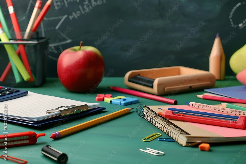 Creative composition with books, apples and school blackboard Creative composition with books, apples and school blackboard