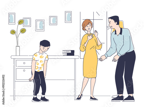 Parents shouting at child. Mother and father criticize their son. Childhood psychological trauma. Negative feelings and emotions. Conflicts and quarrels in family. Linear vector illustration