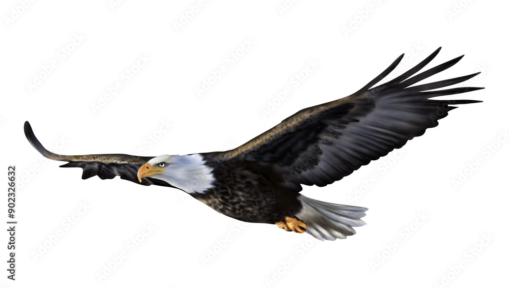 Fototapeta premium Hand drawing of Bald eagle flying isolated on transparent background