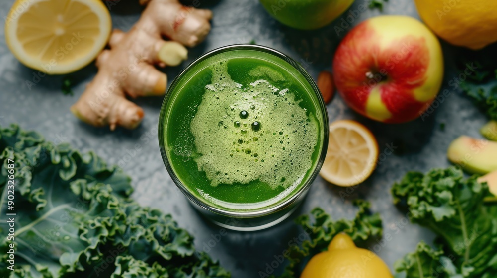 Fresh green juice with ingredients A refreshing green juice in a glass surrounded by fresh ingredients like kale, apple, lemon, and ginger, highlighting health benefits Fresh green juice with ingredients A refreshing green juice in a glass surrounded by fresh ingredients like kale, apple, lemon, and ginger, highlighting health benefits