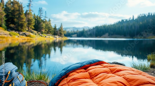 Fototapeta Naklejka Na Ścianę i Meble -  Tranquil lake view with vibrant camping gear, surrounded by lush forest and serene water, perfect for outdoor adventures.
