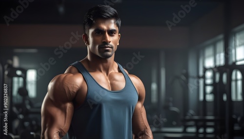 Handsome indian bodybuilder in one side wearing tank top with dark gym background