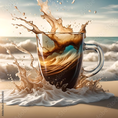 Waves splash in and out of glass coffee cup on the beach photo