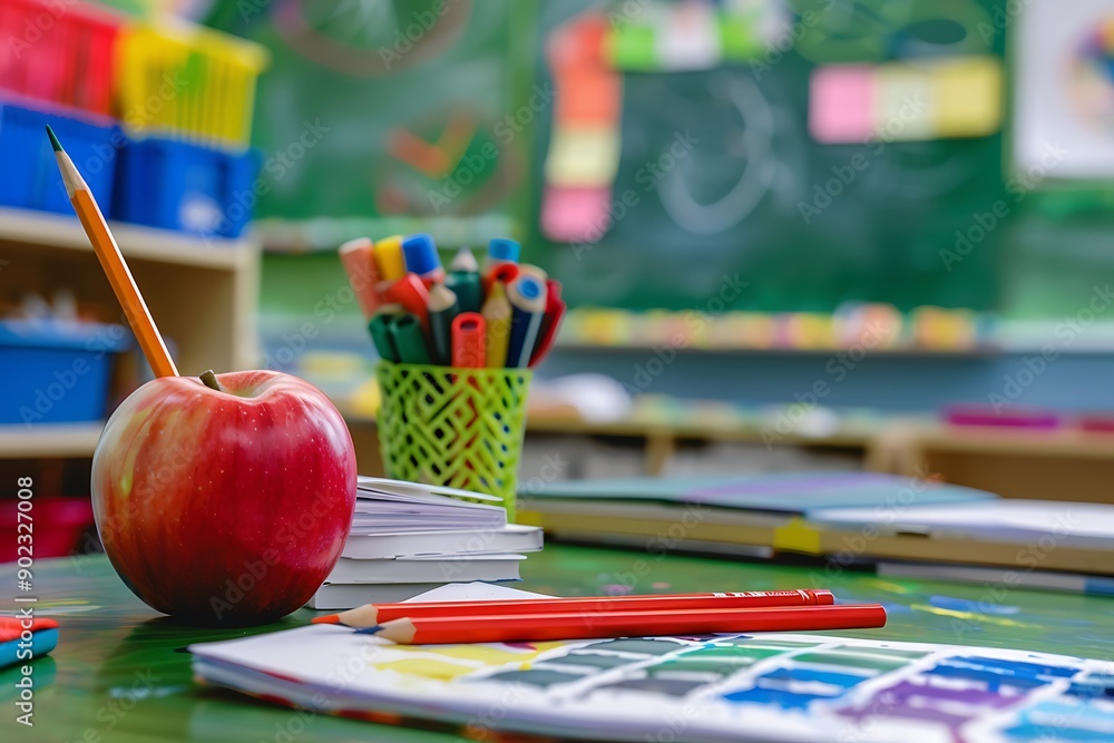 Fototapeta premium Creative composition with books, apples and school blackboard
