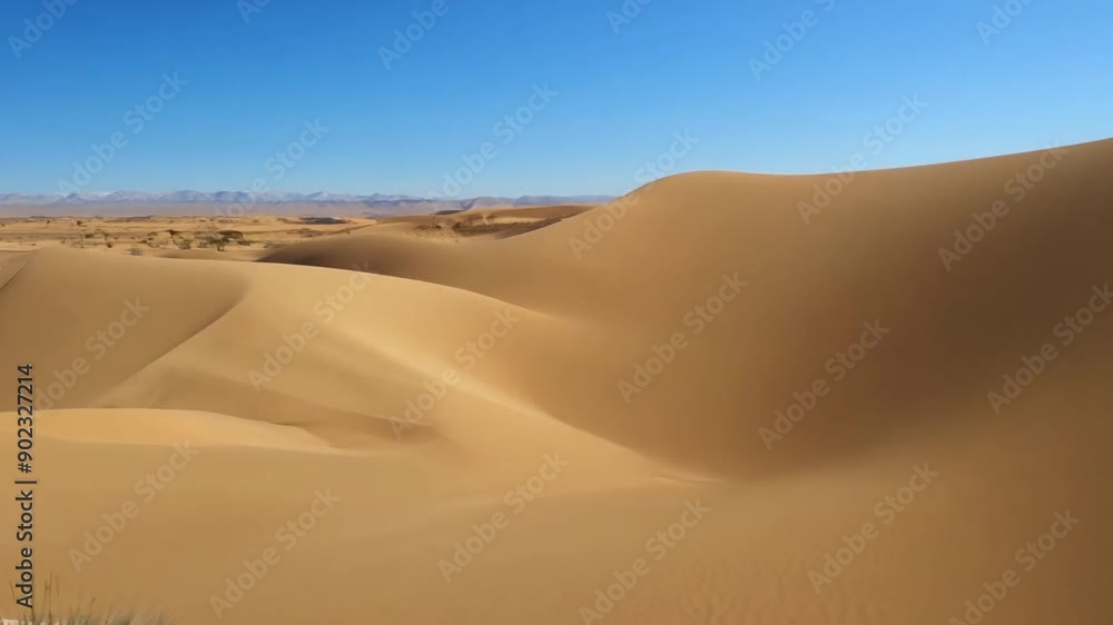 A vast desert landscape with rolling sand dunes, sparse vegetation, and a clear blue sky stretching endlessly above, capturing the stark beauty of the arid environment A vast desert landscape with rolling sand dunes, sparse vegetation, and a clear blue sky stretching endlessly above, capturing the stark beauty of the arid environment