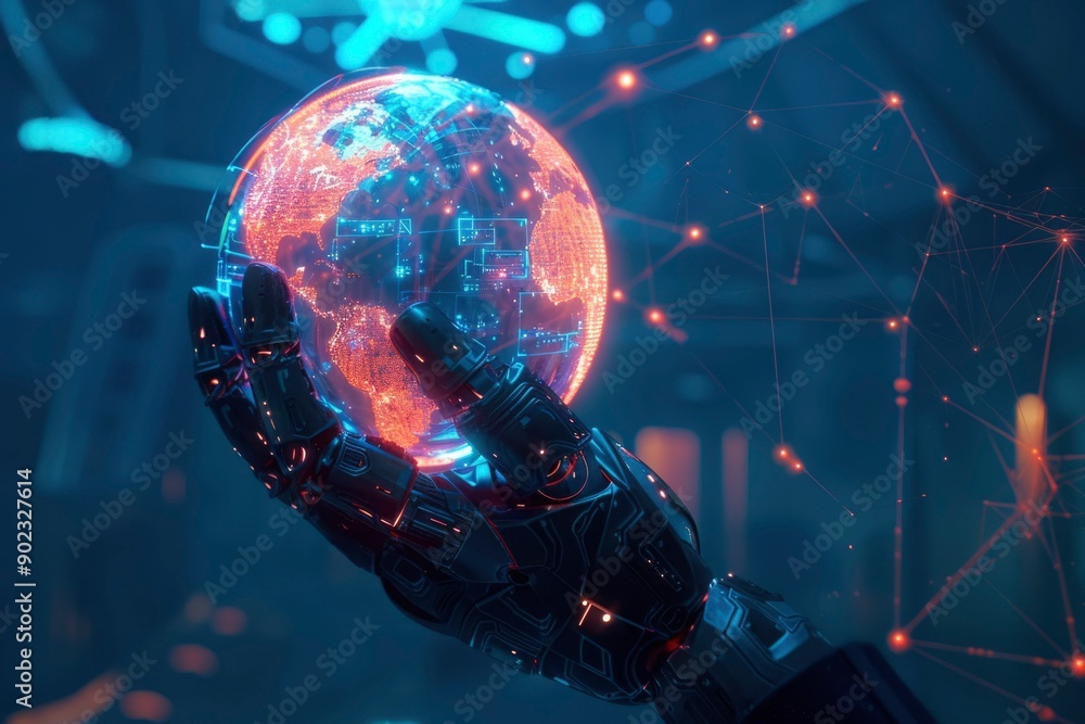 Obraz premium Robotic Hand Holding a Holographic Earth with Network Connections