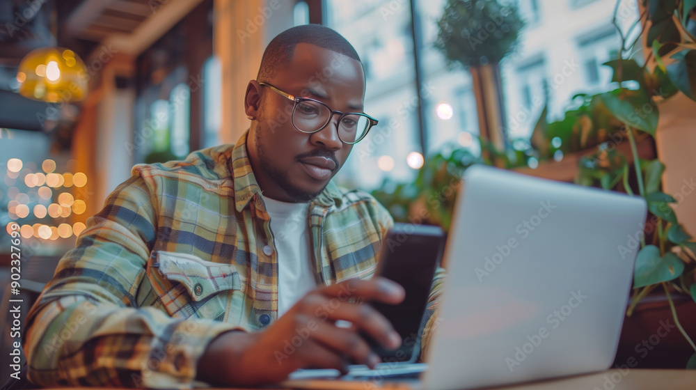 A man in casual attire, sitting at an open laptop on the table with his phone in hand and glasses A man in casual attire, sitting at an open laptop on the table with his phone in hand and glasses