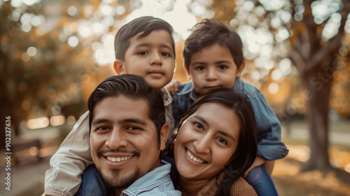 Happy family of four smiling in a park during autumn with warm sunlight and fall foliage. Concepts of family bonding, outdoor activities, and seasonal changes. © Anna