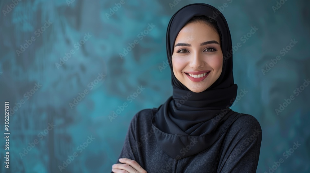 A professional portrait of an Emirati woman wearing a hijab, smiling with her arms crossed and looking at the camera A professional portrait of an Emirati woman wearing a hijab, smiling with her arms crossed and looking at the camera