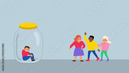 lonely unhappy boy sitting in glass jar and group of happy children. depression apathy bullying vector illustration