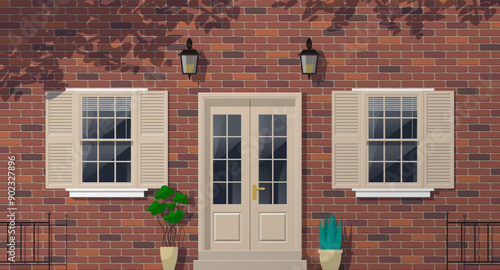 red brick house facade front door two windows potted plants exterior design vector illustration