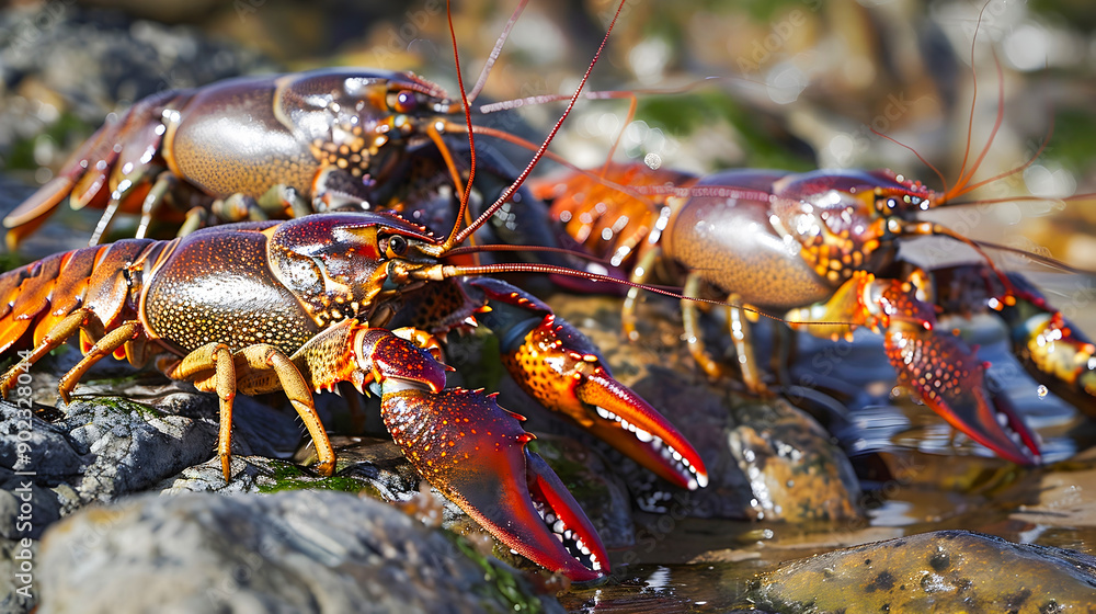 Vibrant colorful cluster of crayfish crawling on rocky coastal habitat showcases the diversity and intricate details of a marine ecosystem Vibrant colorful cluster of crayfish crawling on rocky coastal habitat showcases the diversity and intricate details of a marine ecosystem