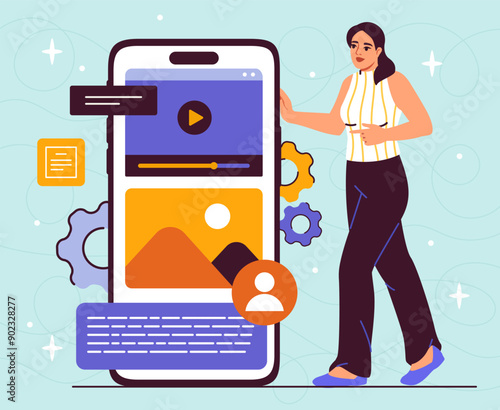 Social media application. Woman stands near smartphone screen with multimedia program. UI nd UX design for mobile app. Picture and video at phone. Flat vector illustration isolated on blue background