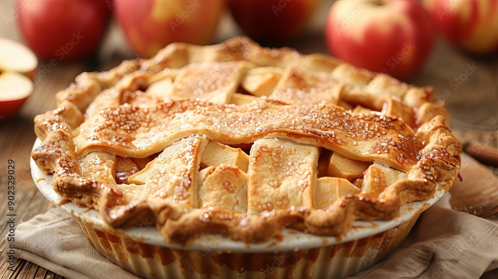 The close-up image showcases a delicious apple pie on a table, emphasizing its golden, flaky crust and the warm, spiced apple filling peeking through. The close-up image showcases a delicious apple pie on a table, emphasizing its golden, flaky crust and the warm, spiced apple filling peeking through.