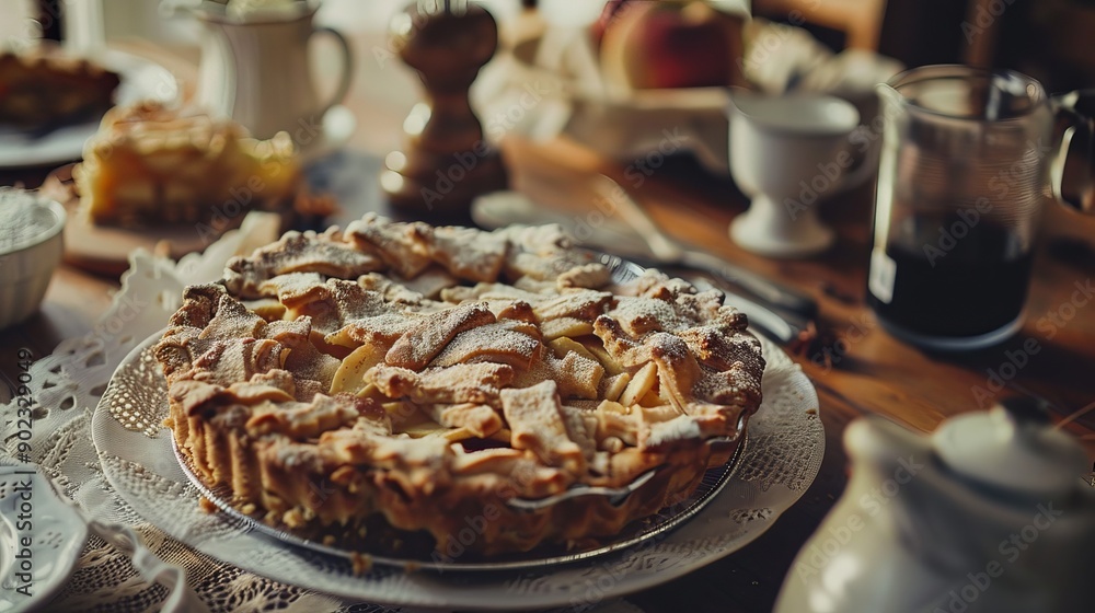 The close-up image showcases a delicious apple pie on a table, emphasizing its golden, flaky crust and the warm, spiced apple filling peeking through. The close-up image showcases a delicious apple pie on a table, emphasizing its golden, flaky crust and the warm, spiced apple filling peeking through.